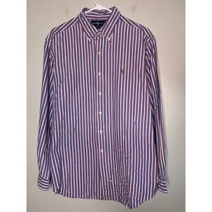 1990s Ralph Lauren Red Blue Patriotic Stripe Old Money Country Club Shirt XL